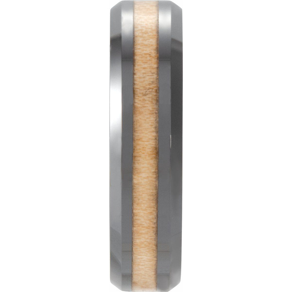 Beveled-Edge Cypress Wood Inlay Comfort-Fit Flat Band
