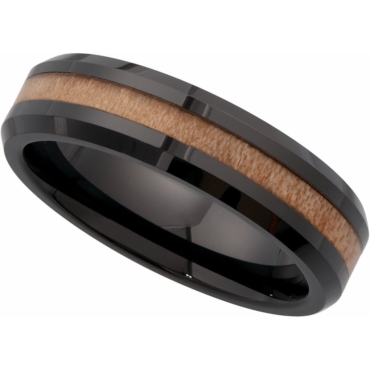 Beveled-Edge Cypress Wood Inlay Comfort-Fit Flat Band