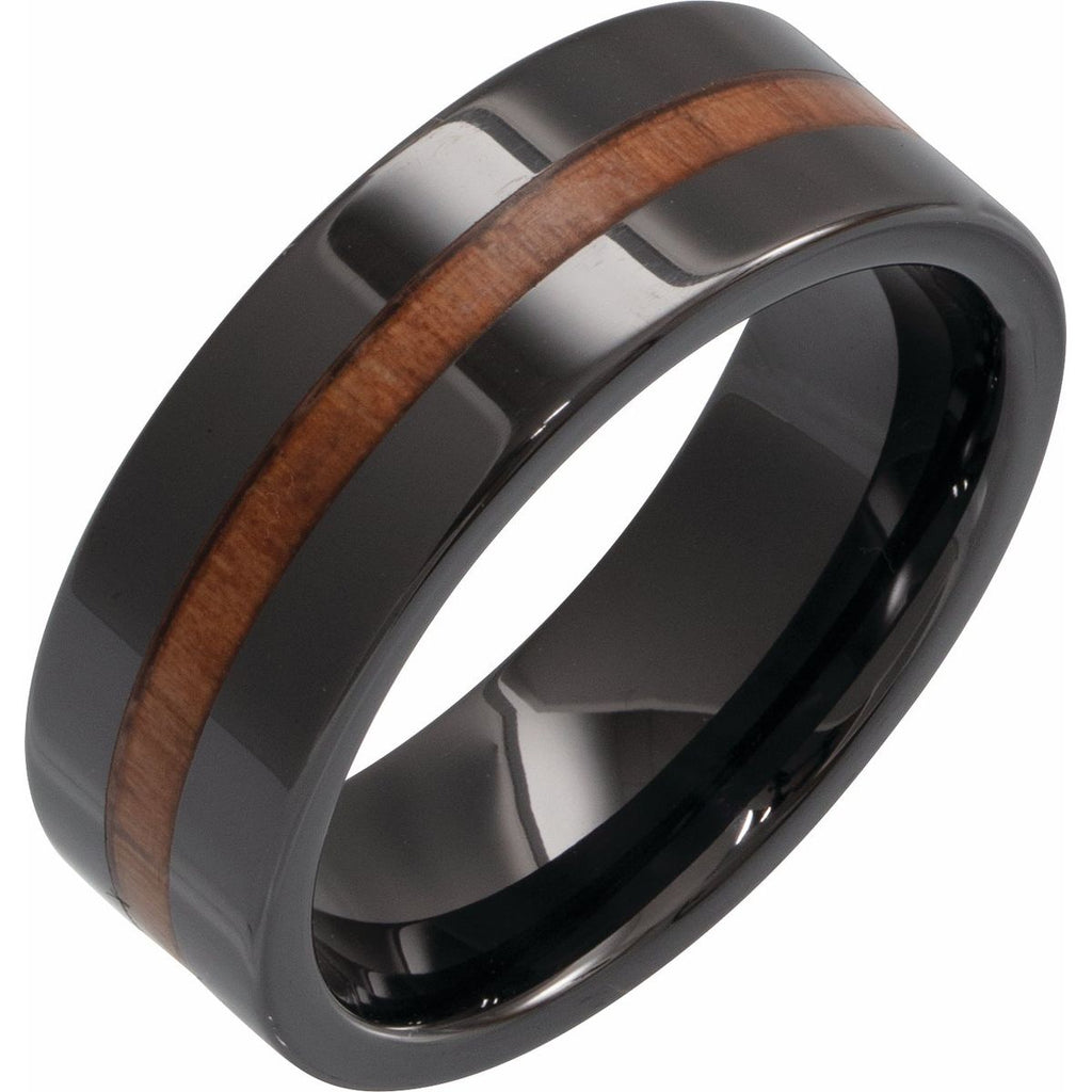Hickory Wood Inlay Comfort-Fit Flat Band
