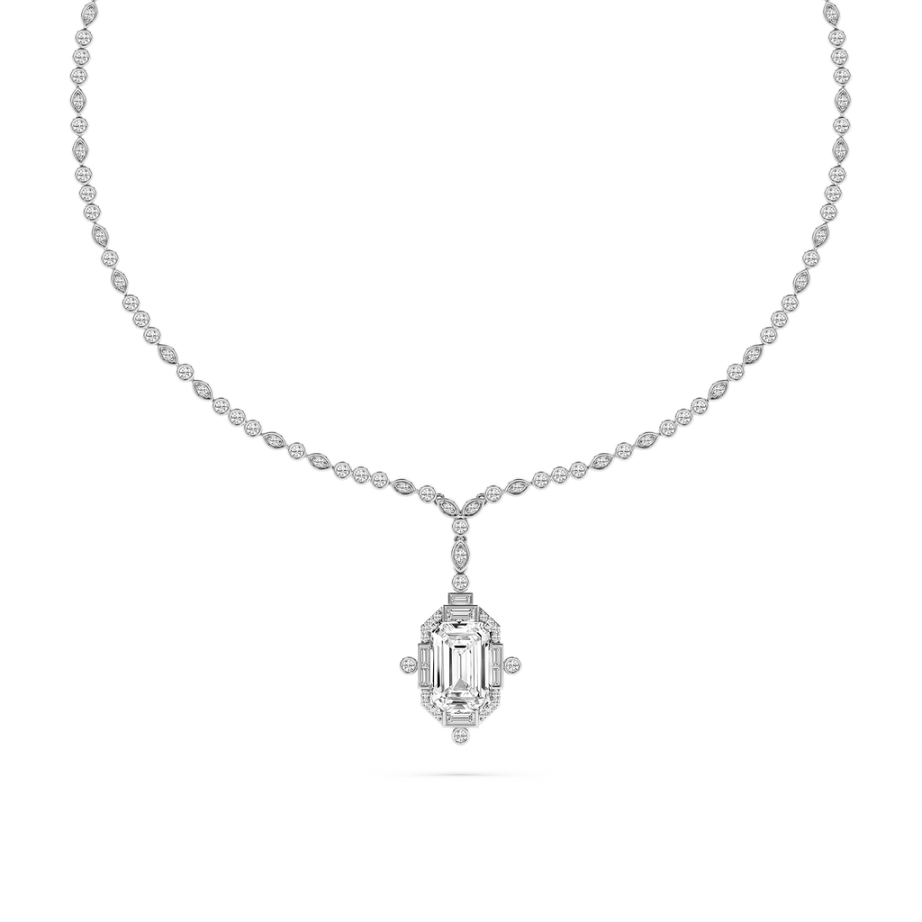 14 ½ ctw Emerald LGD Halo Drop Bezel Tennis Necklace - 16 to 18 Inches - Signature Collection