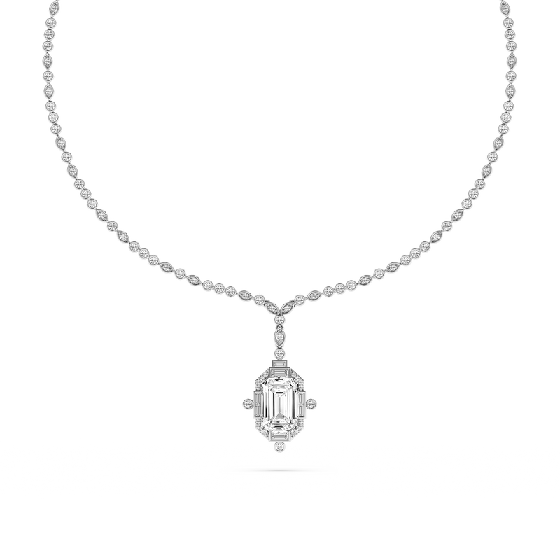 14 ½ ctw Emerald LGD Halo Drop Bezel Tennis Necklace - 16 to 18 Inches - Signature Collection