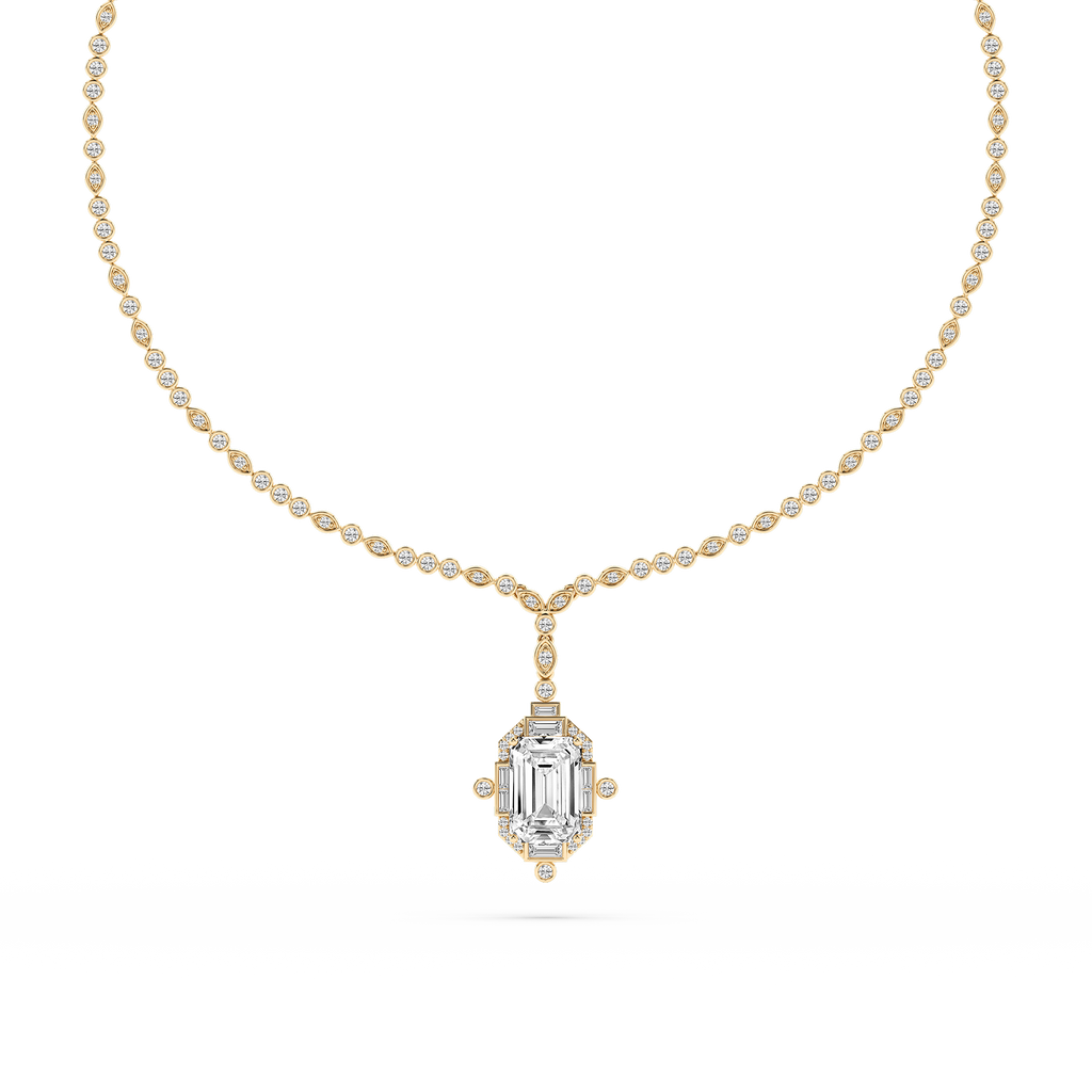14 ½ ctw Emerald LGD Halo Drop Bezel Tennis Necklace - 16 to 18 Inches - Signature Collection