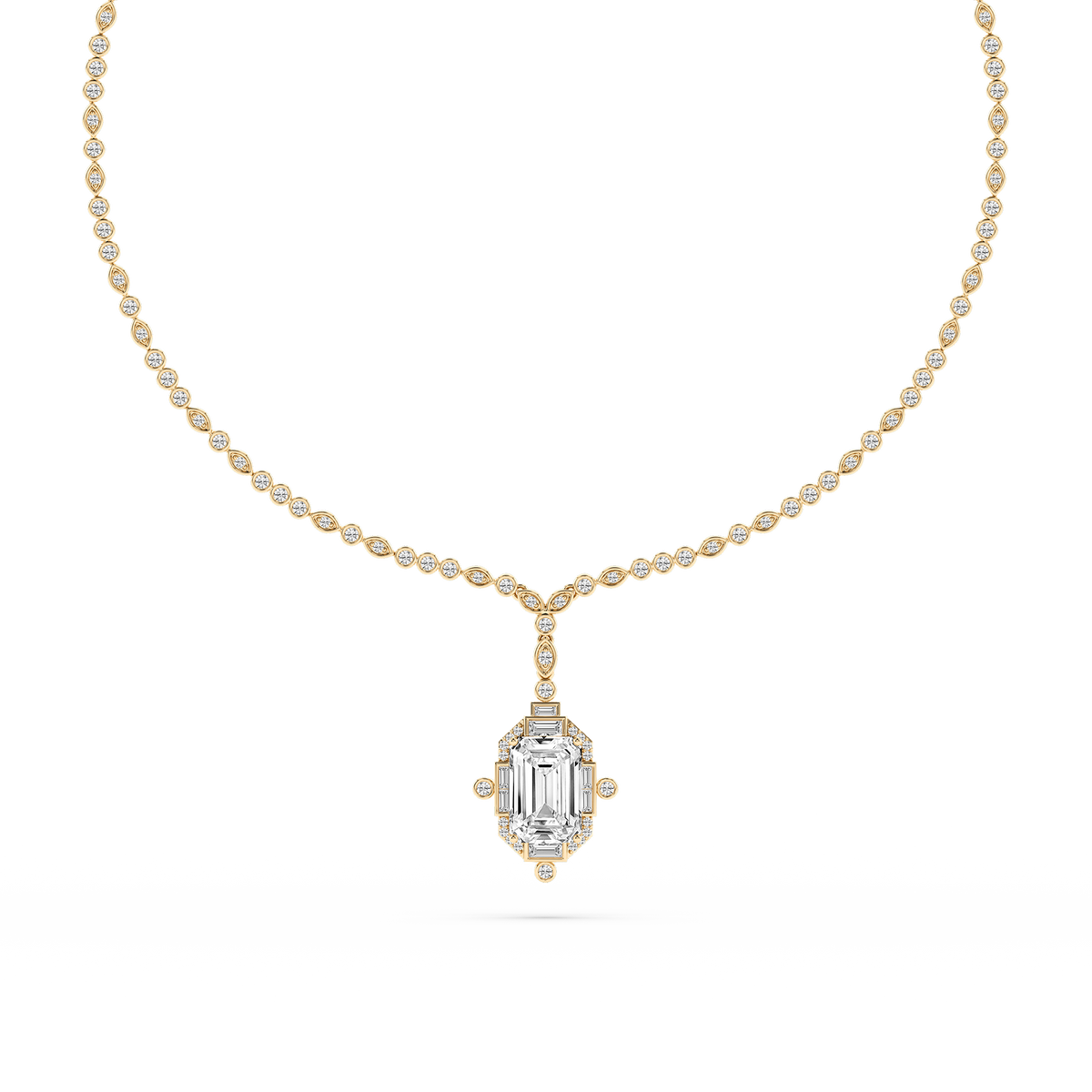 14 ½ ctw Emerald LGD Halo Drop Bezel Tennis Necklace - 16 to 18 Inches - Signature Collection