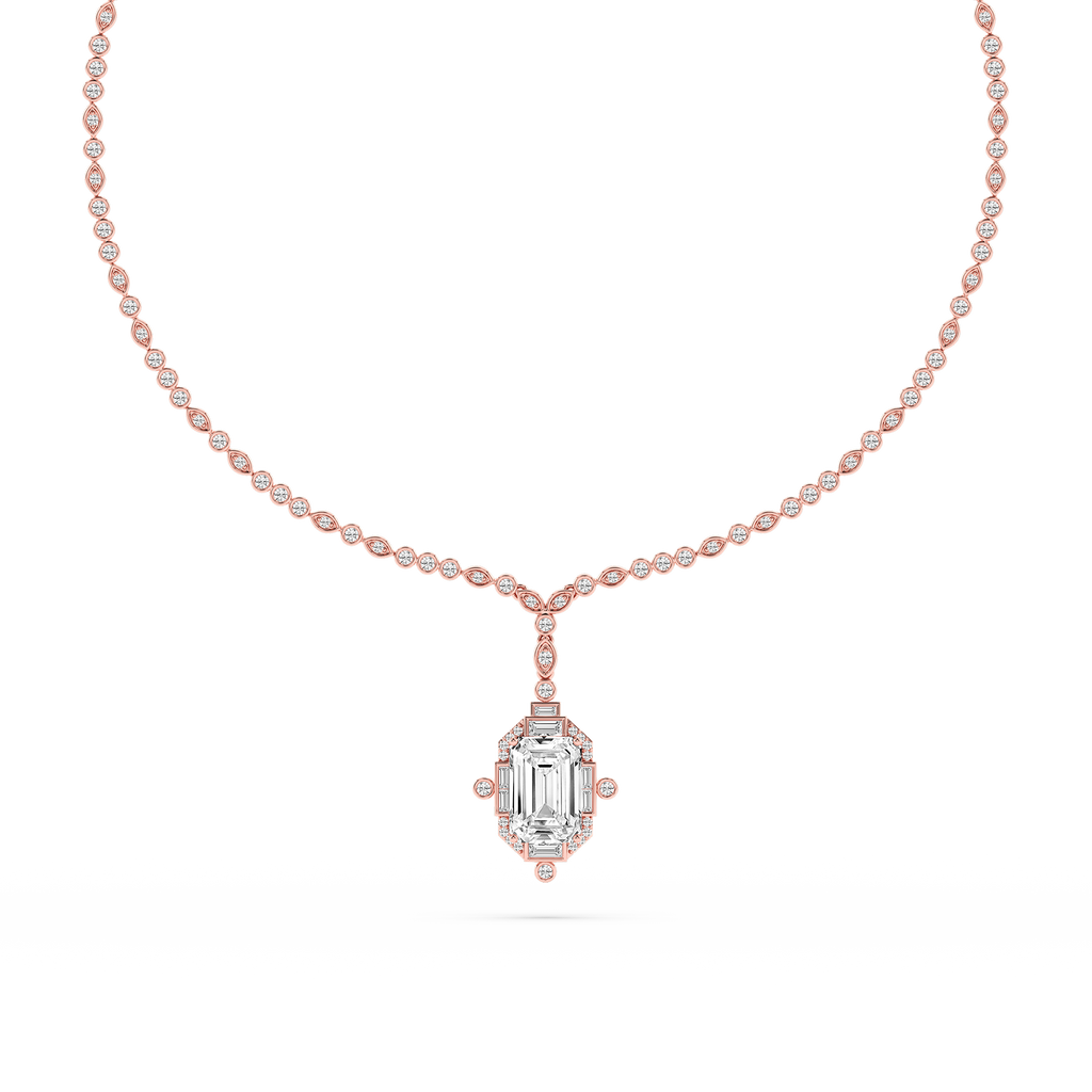 14 ½ ctw Emerald LGD Halo Drop Bezel Tennis Necklace - 16 to 18 Inches - Signature Collection