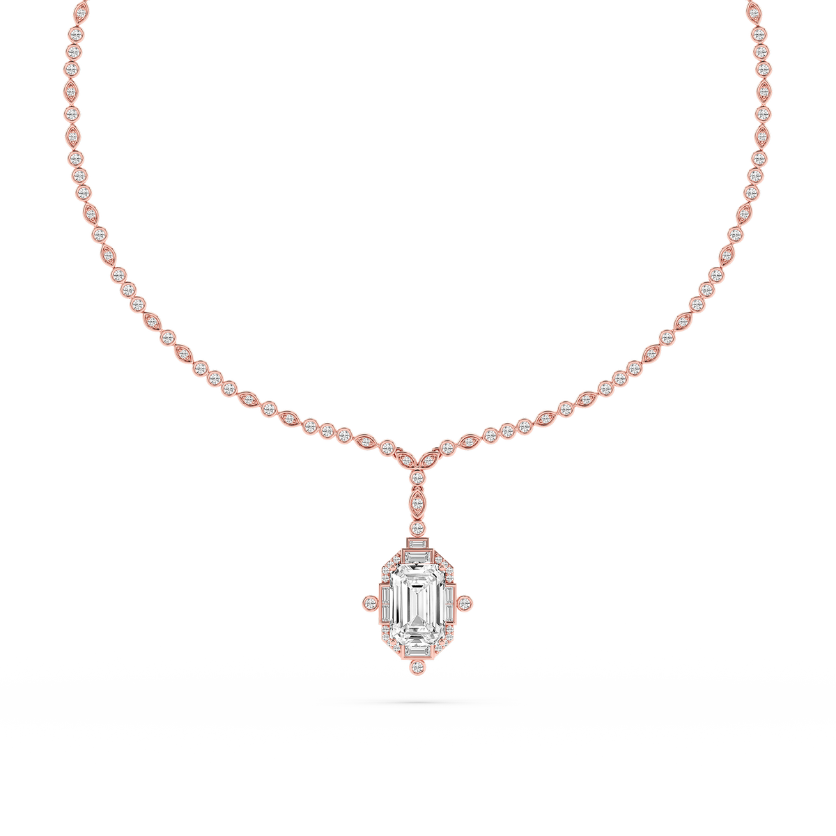 14 ½ ctw Emerald LGD Halo Drop Bezel Tennis Necklace - 16 to 18 Inches - Signature Collection