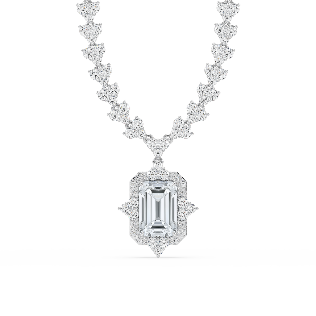 19 ¾ ctw Emerald LGD Halo Drop Half Tennis Necklace - 16 to 18 Inches - Signature Collection