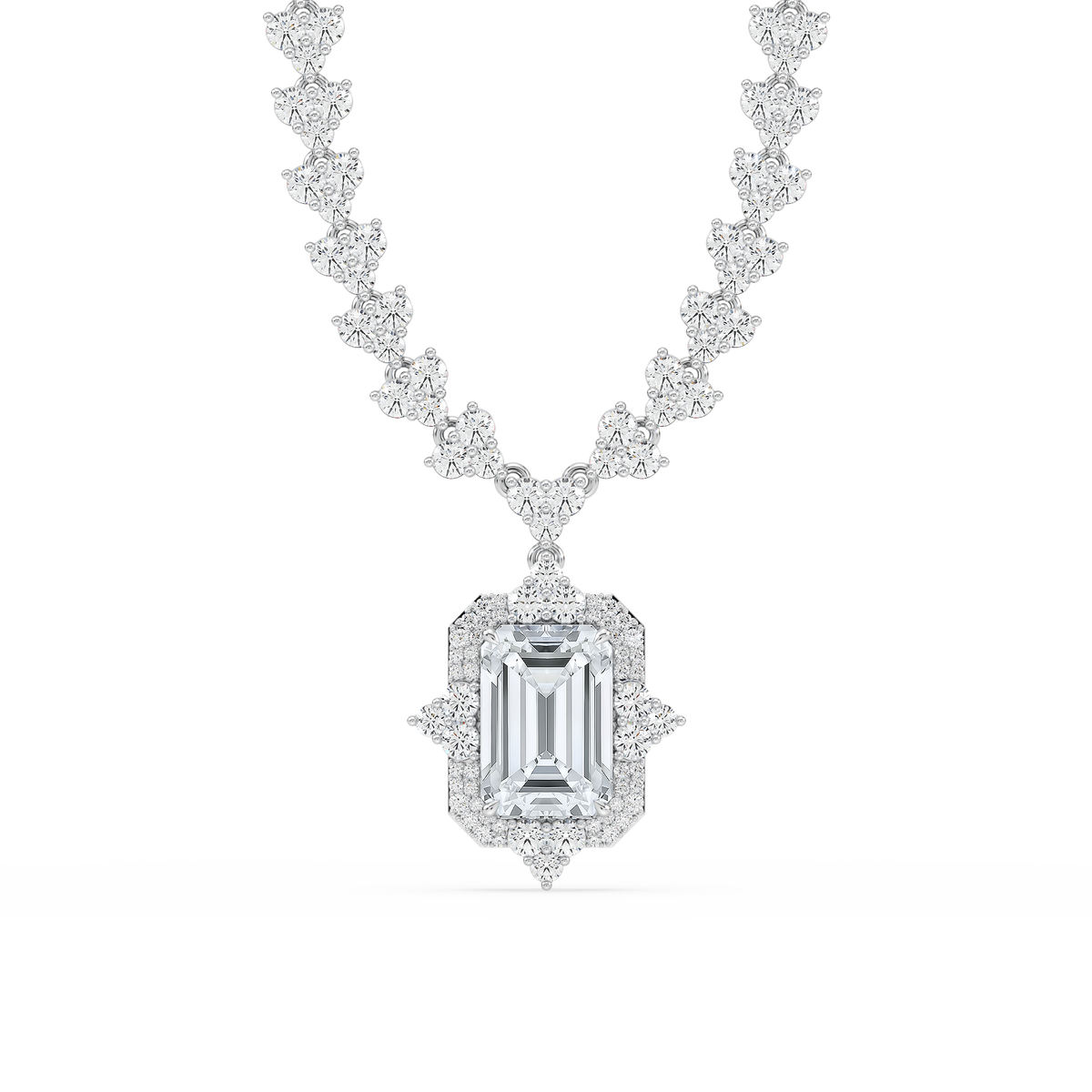 19 ¾ ctw Emerald LGD Halo Drop Half Tennis Necklace - 16 to 18 Inches - Signature Collection