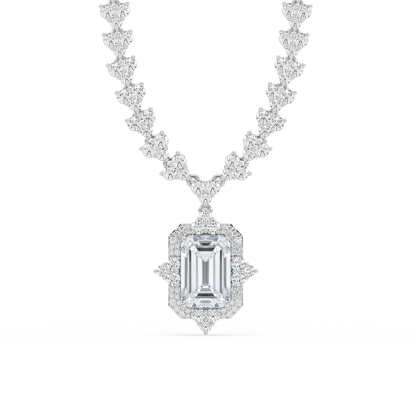 19 ¾ ctw Emerald LGD Halo Drop Half Tennis Necklace - 16 to 18 Inches - Signature Collection