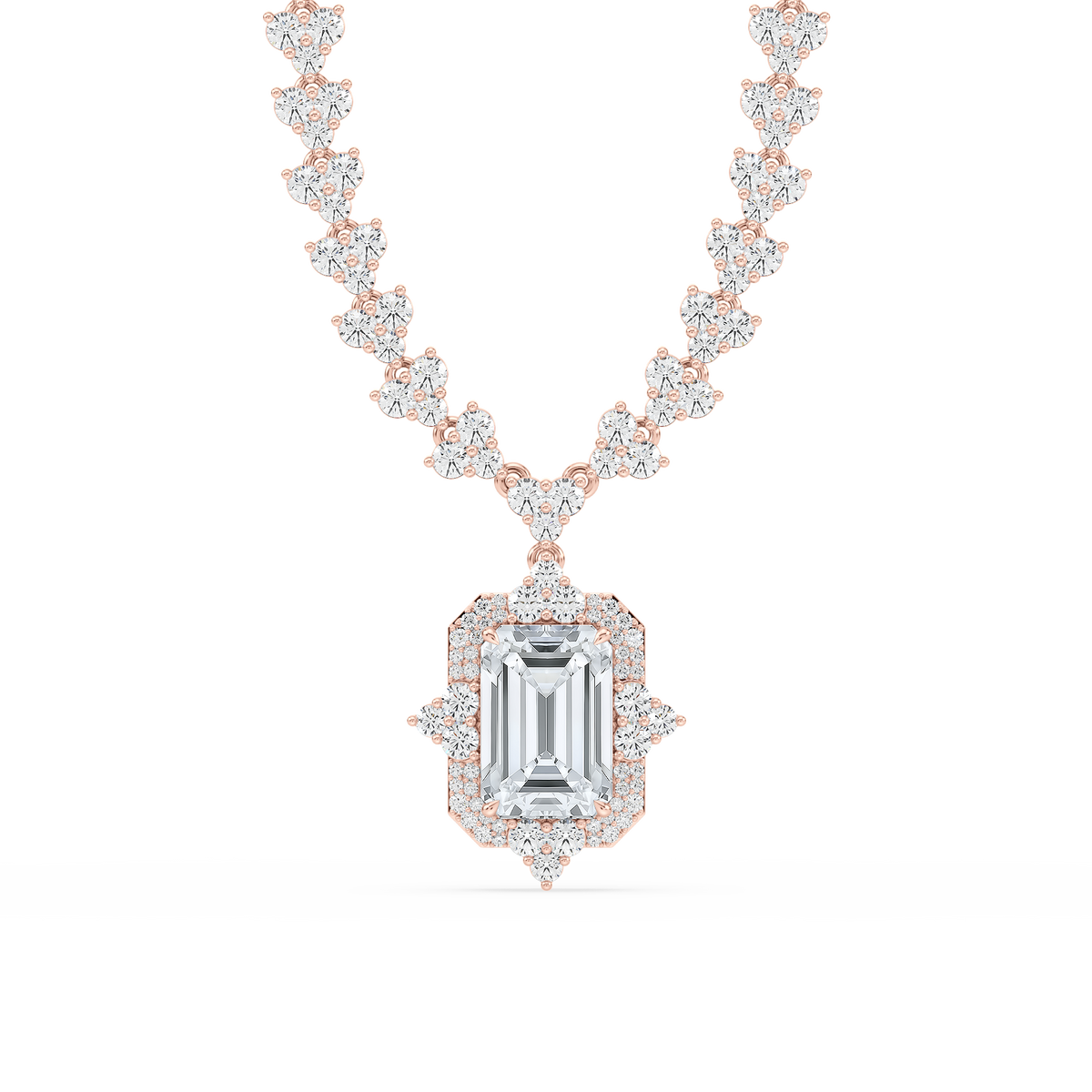 19 ¾ ctw Emerald LGD Halo Drop Half Tennis Necklace - 16 to 18 Inches - Signature Collection