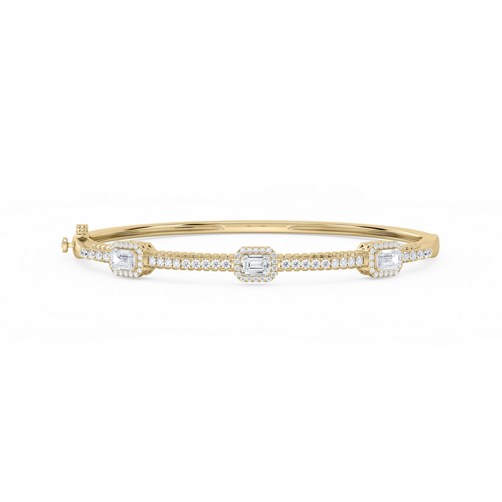 2 ¼ ctw Emerald and Round LGD Halo Station Bangle Bracelet  - 7.25 Inches