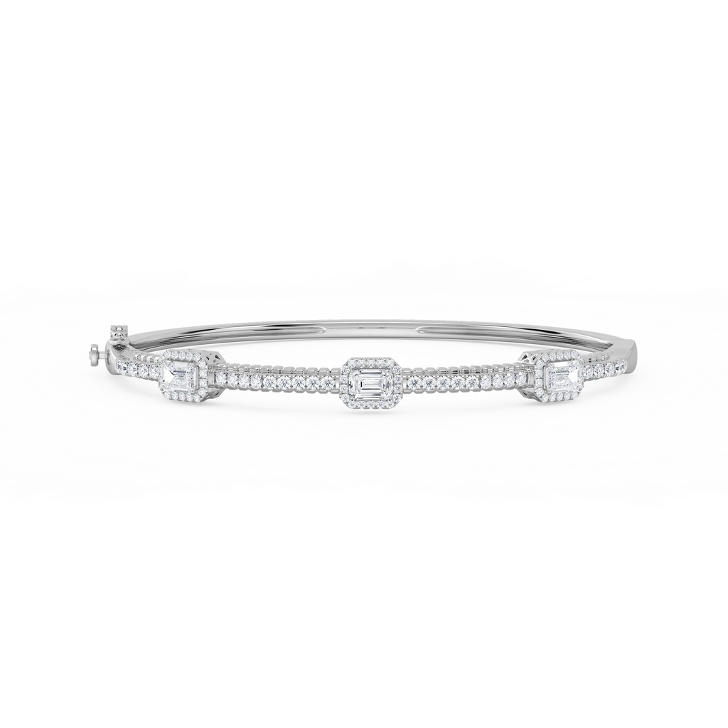 2 ¼ ctw Emerald and Round LGD Halo Station Bangle Bracelet  - 7.25 Inches