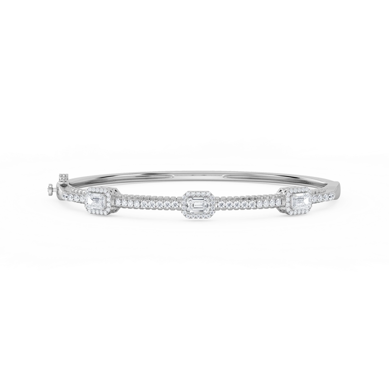2 ¼ ctw Emerald and Round LGD Halo Station Bangle Bracelet  - 7.25 Inches