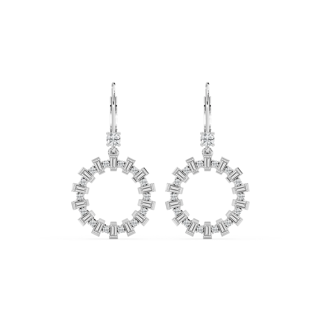 2 ctw Round and Baguette LGD Circle Drop Earrings - 14K White Gold