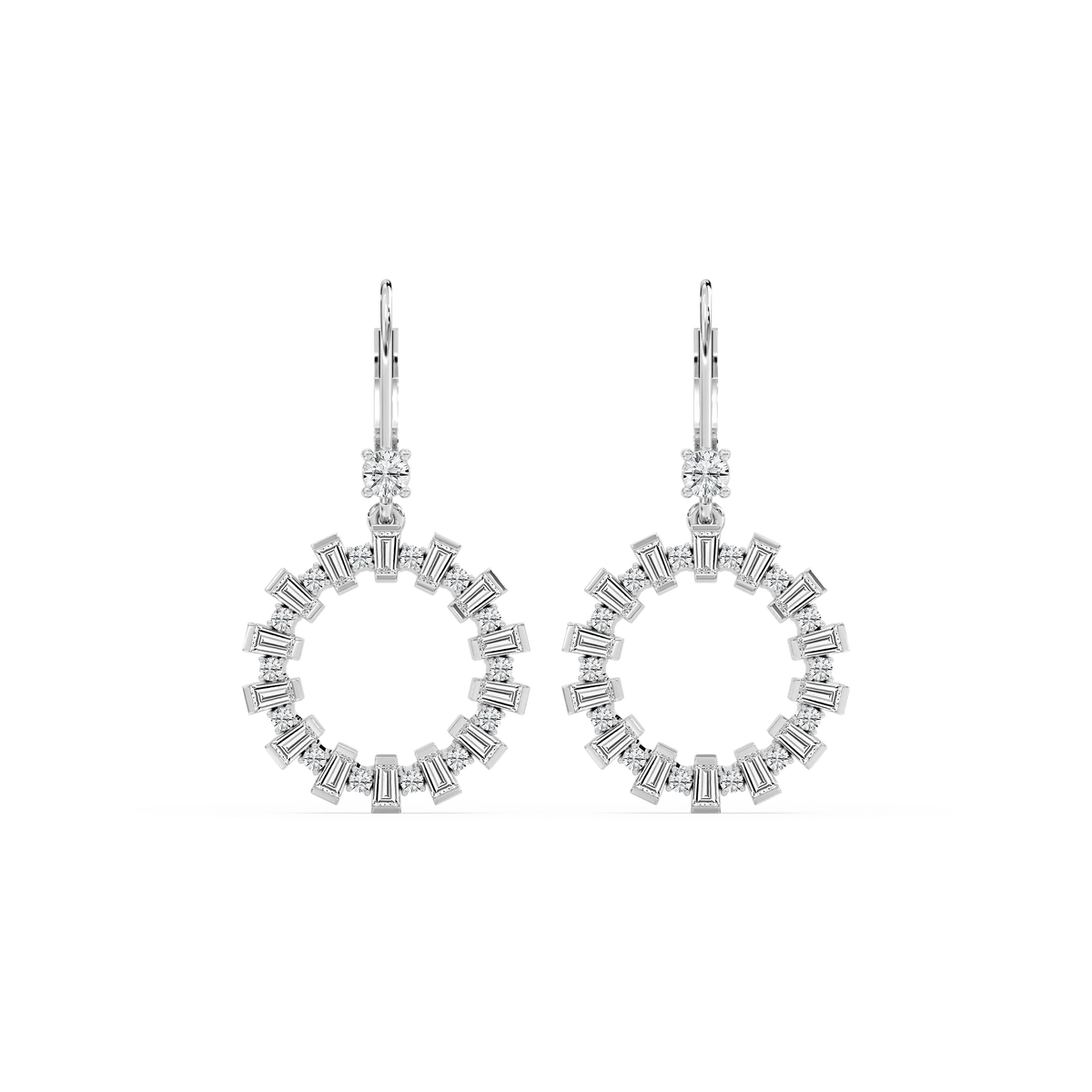 2 ctw Round and Baguette LGD Circle Drop Earrings - 14K White Gold