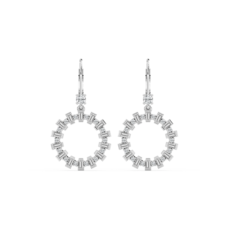 2 ctw Round and Baguette LGD Circle Drop Earrings - 14K White Gold