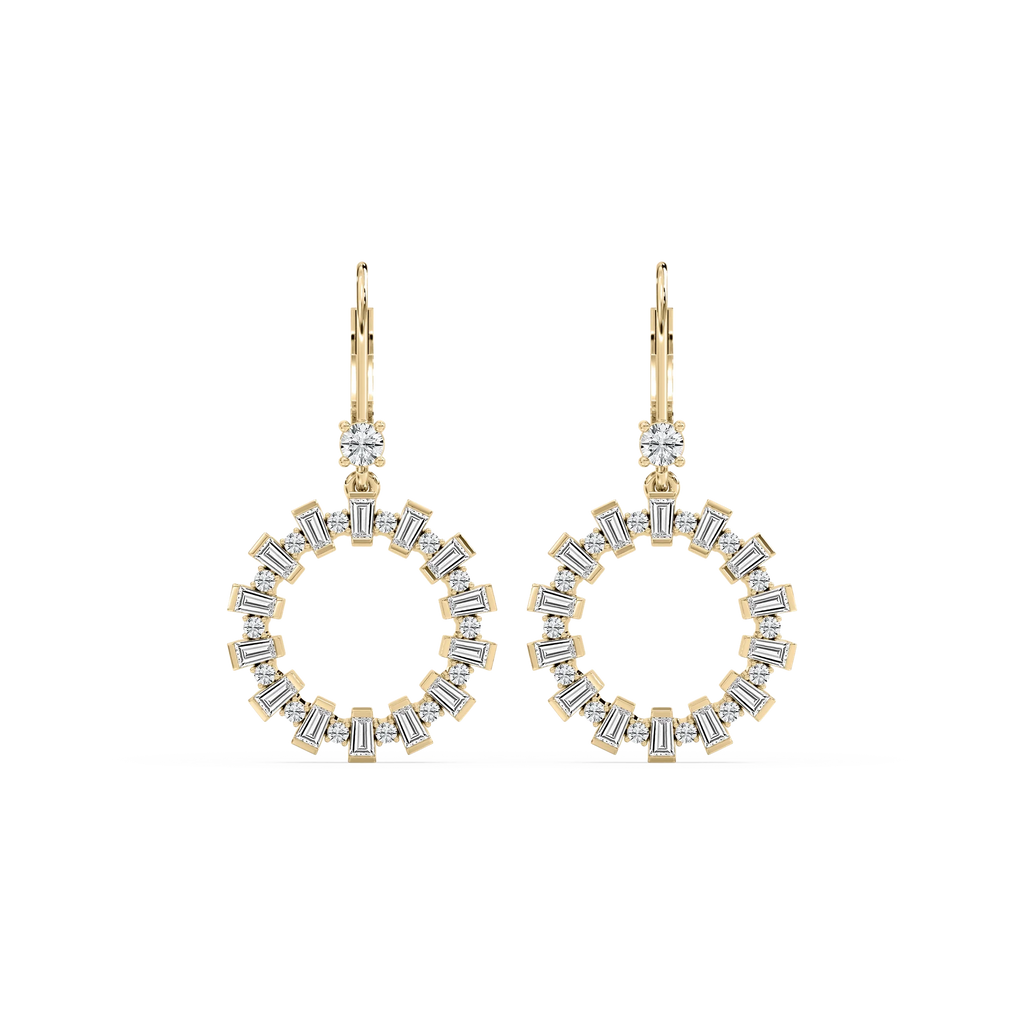 2 ctw Round and Baguette LGD Circle Drop Earrings - 14K Yellow Gold