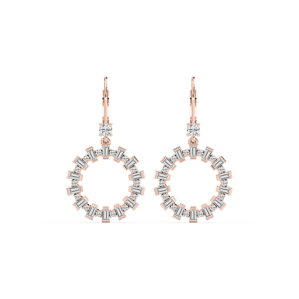 2 ctw Round and Baguette LGD Circle Drop Earrings - 14K Rose Gold