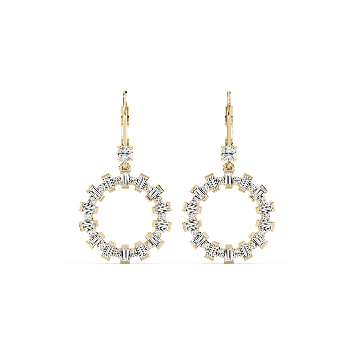 2 ctw Round and Baguette LGD Circle Drop Earrings - 18K Yellow Gold