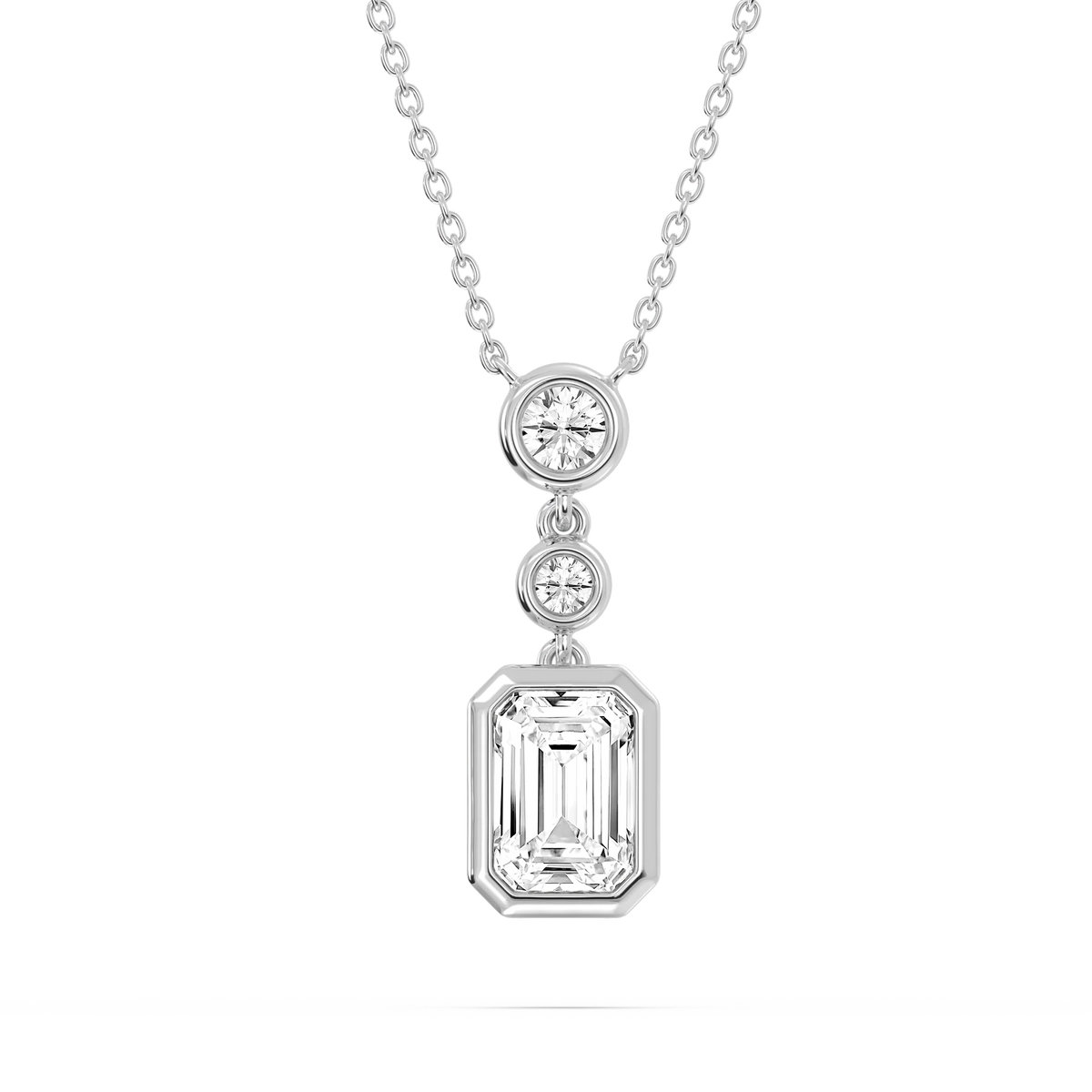 2 ¼ ctw Emerald and Round LGD Bezel Set Three Stone Pendant - 18 Inches