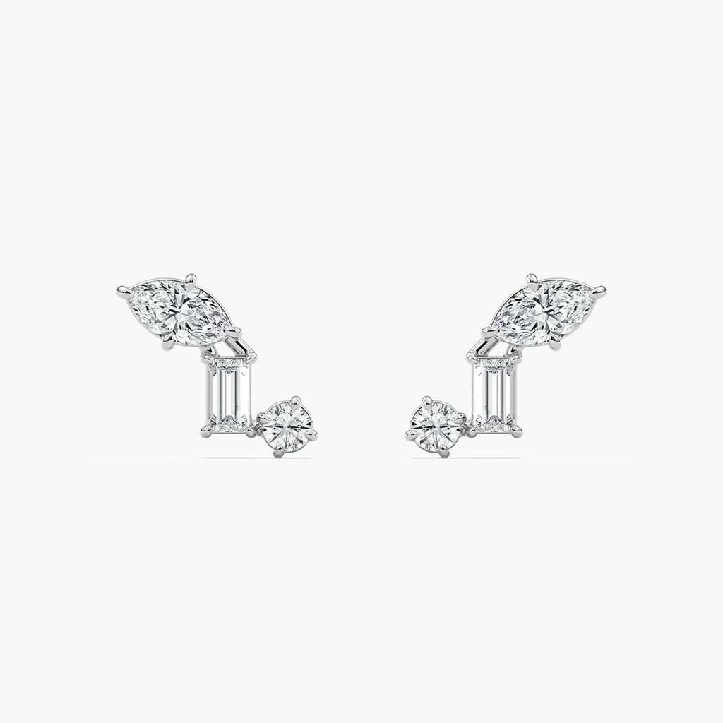 3/8 ctw Marquise Baguette Round LGD Three Stone Stud Earrings - 14K White Gold