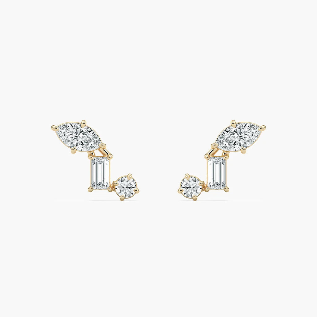 3/8 ctw Marquise Baguette Round LGD Three Stone Stud Earrings - 14K Yellow Gold