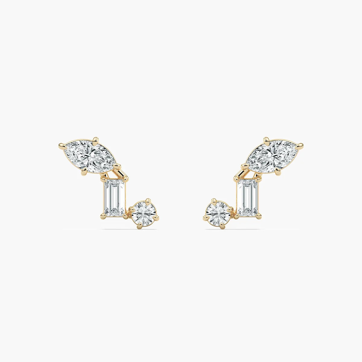 3/8 ctw Marquise Baguette Round LGD Three Stone Stud Earrings - 14K Yellow Gold