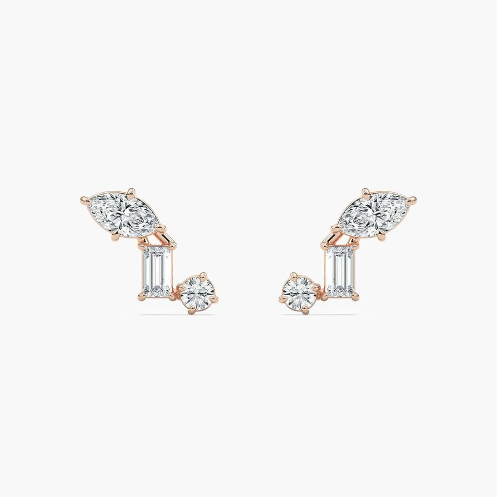 3/8 ctw Marquise Baguette Round LGD Three Stone Stud Earrings - 14K Rose Gold
