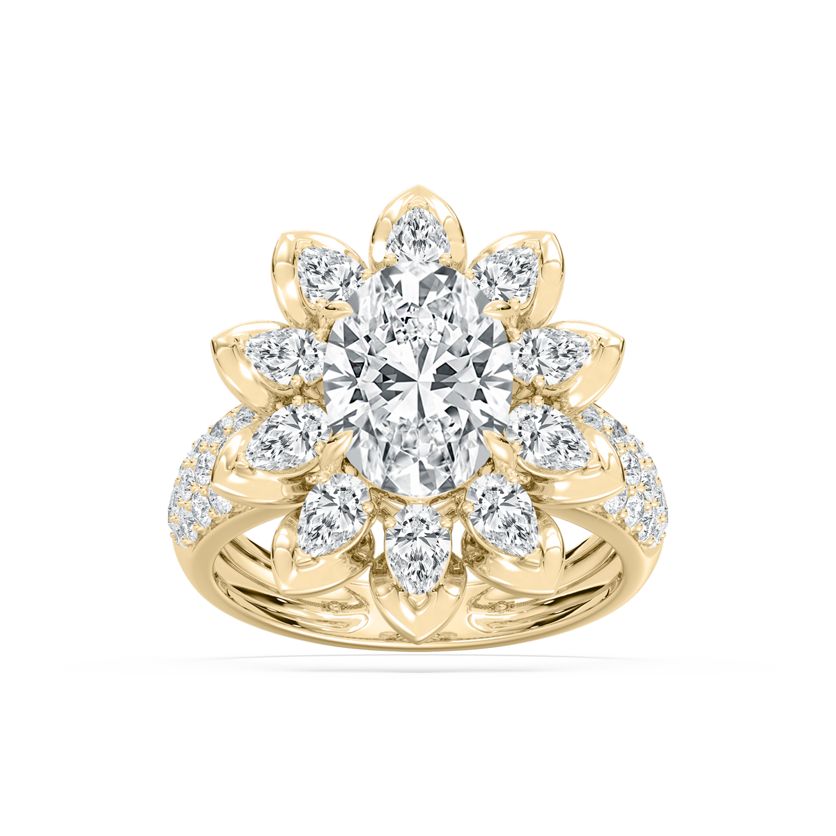 Daria 4 ¾ ctw Oval, Pear and Round LGD Halo Engagement Ring - 14K Yellow Gold / E-VS1