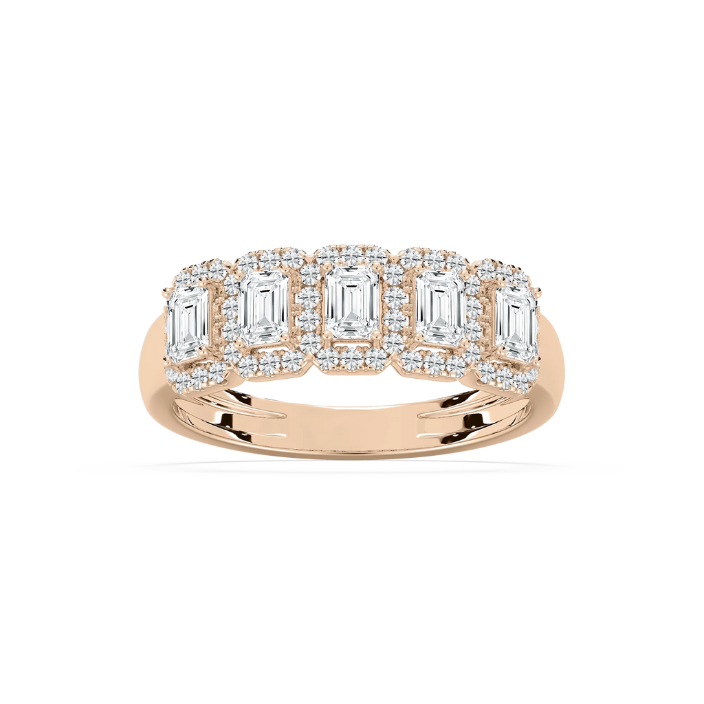 Malaysia 1 ctw Emerald LGD Halo 5-Stone Anniversary Band - 14K Rose Gold / F-VS2