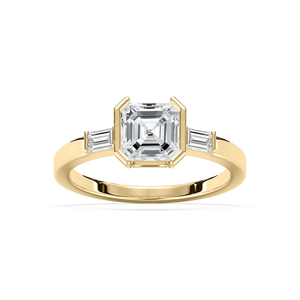 Adira 1 ⅝ ctw Asscher LGD Semi Bezel Three Stone Engagement Ring - 14K Yellow Gold / F-VS2