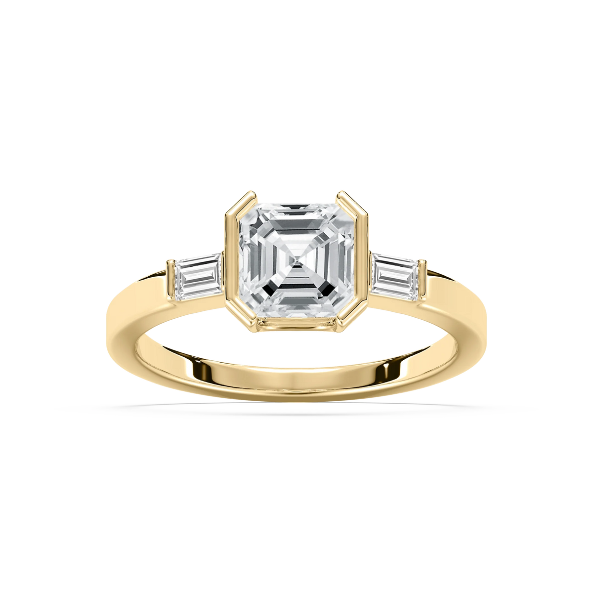 Adira 1 ⅝ ctw Asscher LGD Semi Bezel Three Stone Engagement Ring - 14K Yellow Gold / F-VS2