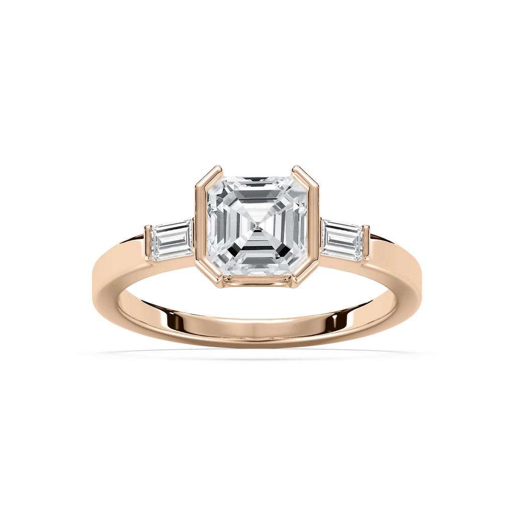 Adira 1 ⅝ ctw Asscher LGD Semi Bezel Three Stone Engagement Ring - 14K Rose Gold / F-VS2