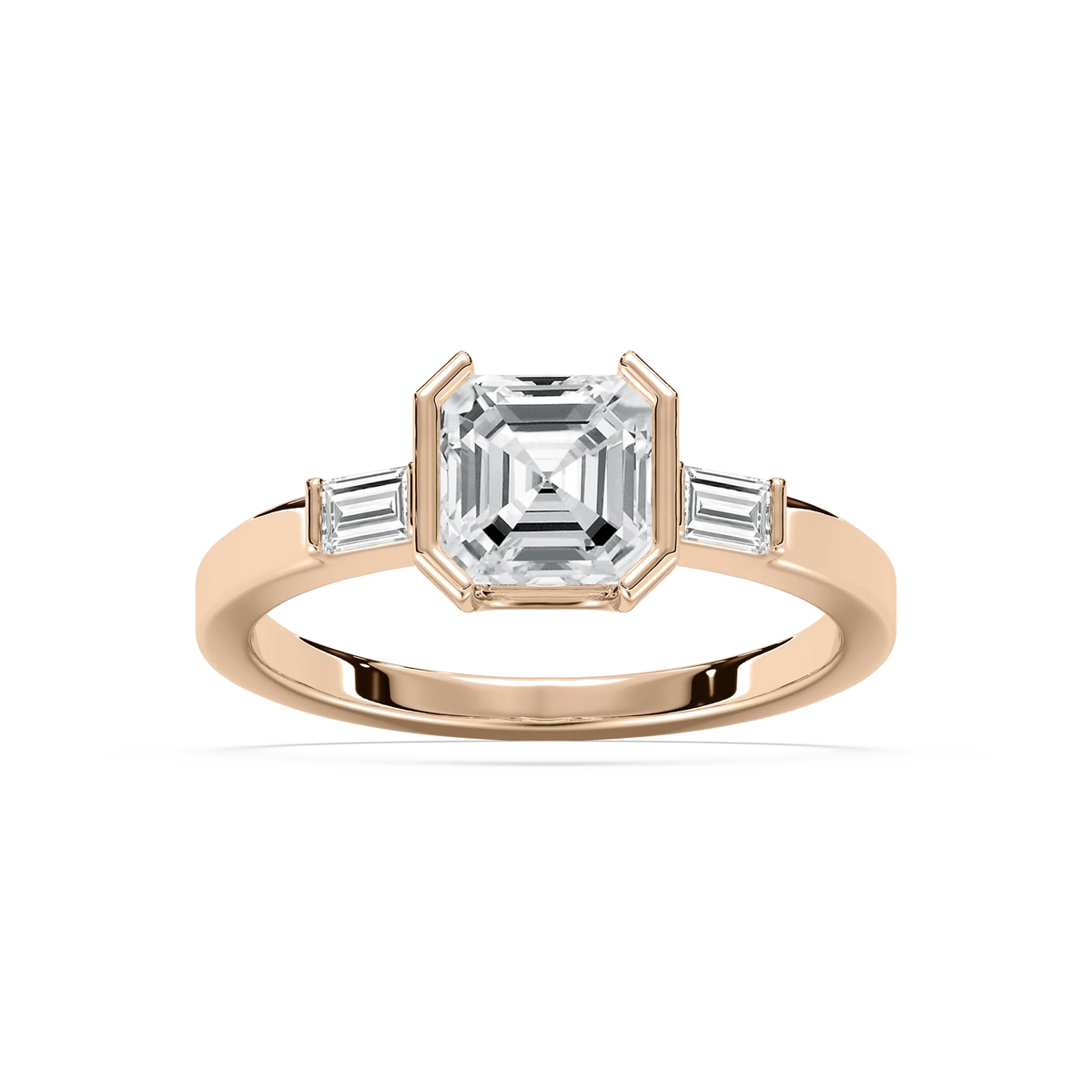 Adira 1 ⅝ ctw Asscher LGD Semi Bezel Three Stone Engagement Ring - 14K Rose Gold / F-VS2