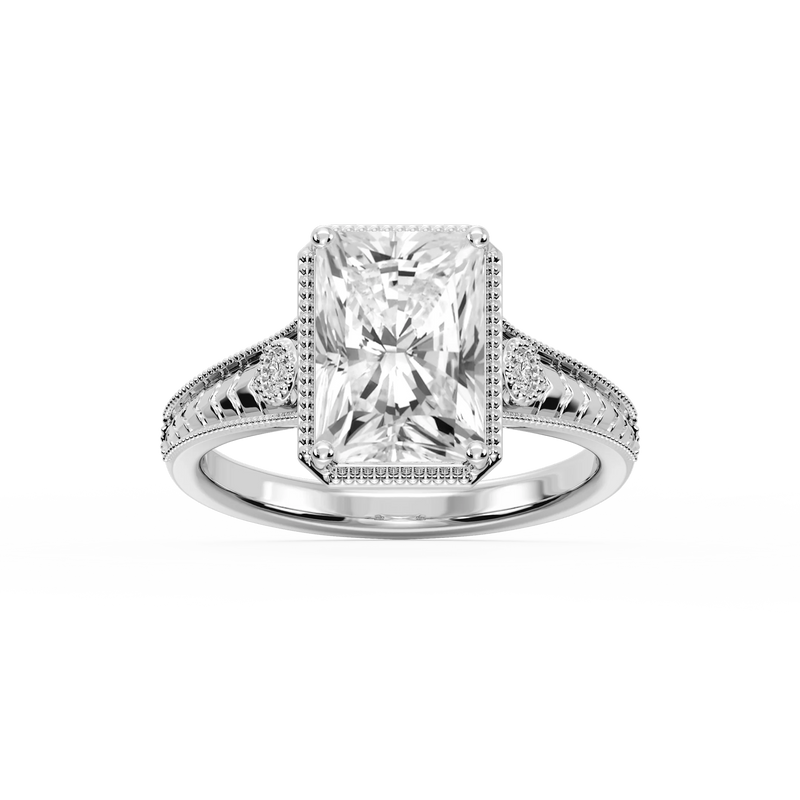 Alessia Radiant LGD Vintage Bezel and Milgrain Side Stone Engagement Ring - 14K White Gold / 2 ctw