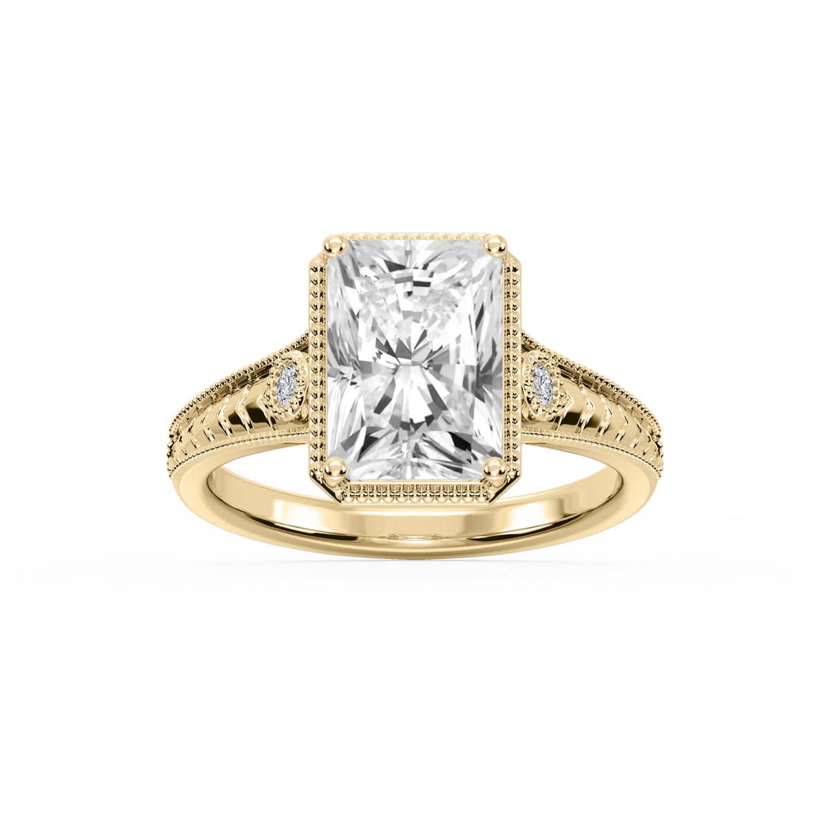 Alessia Radiant LGD Vintage Bezel and Milgrain Side Stone Engagement Ring - 14K Yellow Gold / 2 ctw