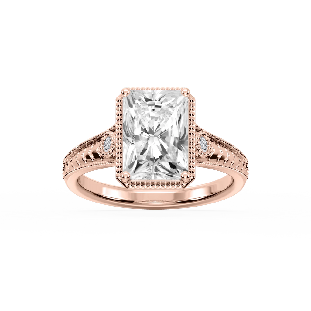 Alessia Radiant LGD Vintage Bezel and Milgrain Side Stone Engagement Ring - 14K Rose Gold / 2 ctw