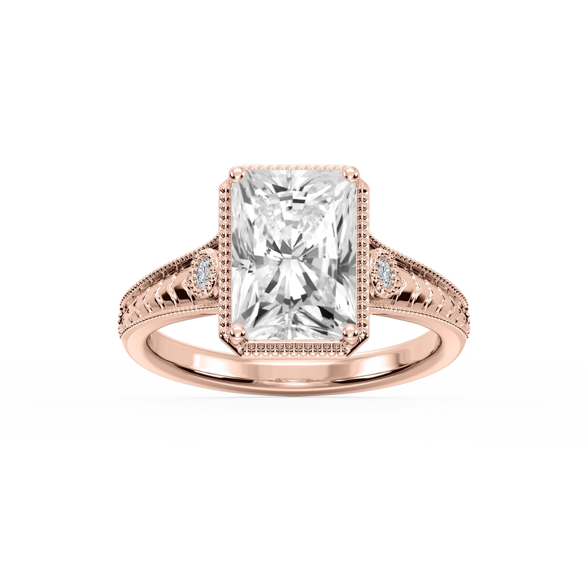 Alessia Radiant LGD Vintage Bezel and Milgrain Side Stone Engagement Ring - 14K Rose Gold / 4 ctw