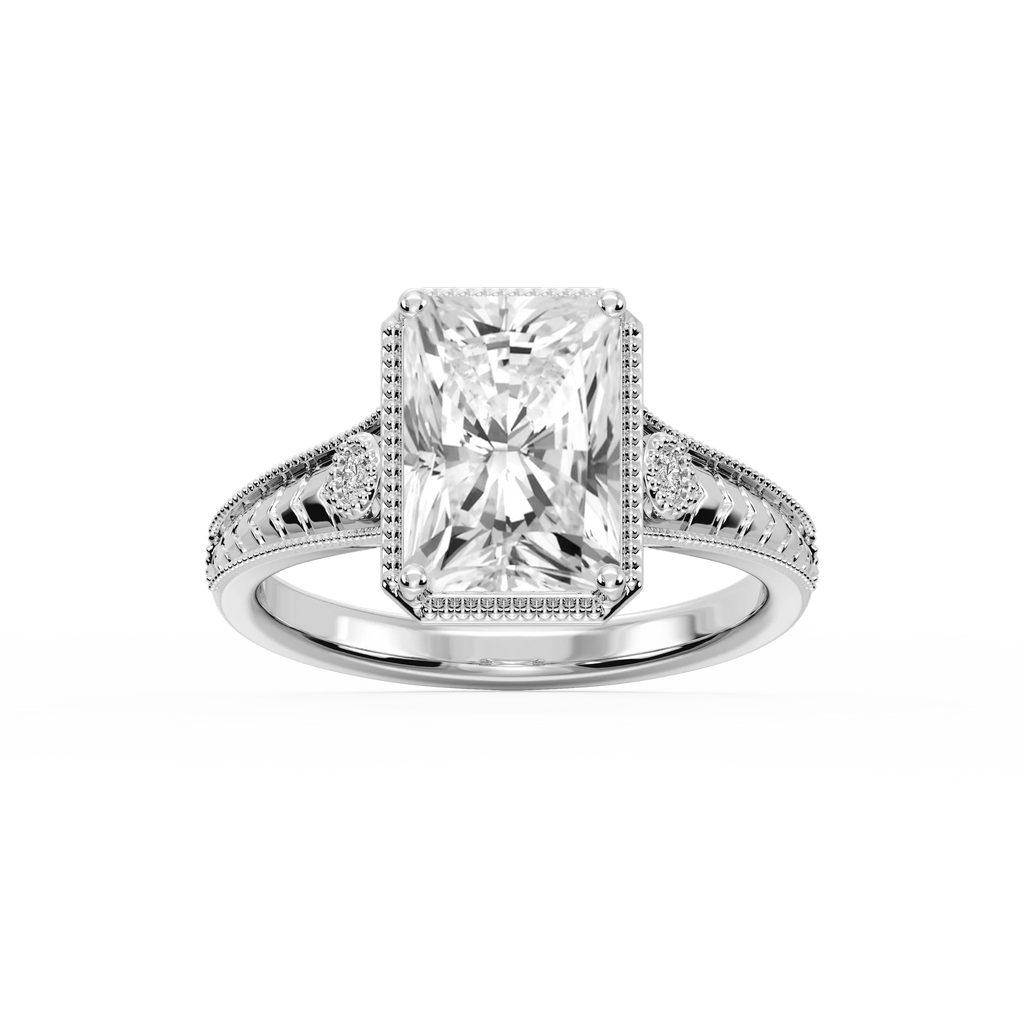 Alessia Radiant LGD Vintage Bezel and Milgrain Side Stone Engagement Ring - 18K White Gold / 5 ctw
