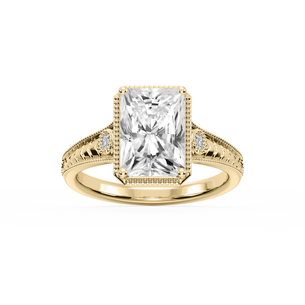 Alessia Radiant LGD Vintage Bezel and Milgrain Side Stone Engagement Ring - 18K Yellow Gold / 4 ctw