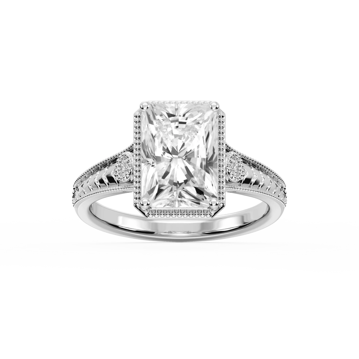 Alessia Radiant LGD Vintage Bezel and Milgrain Side Stone Engagement Ring - Platinum / 2 ctw
