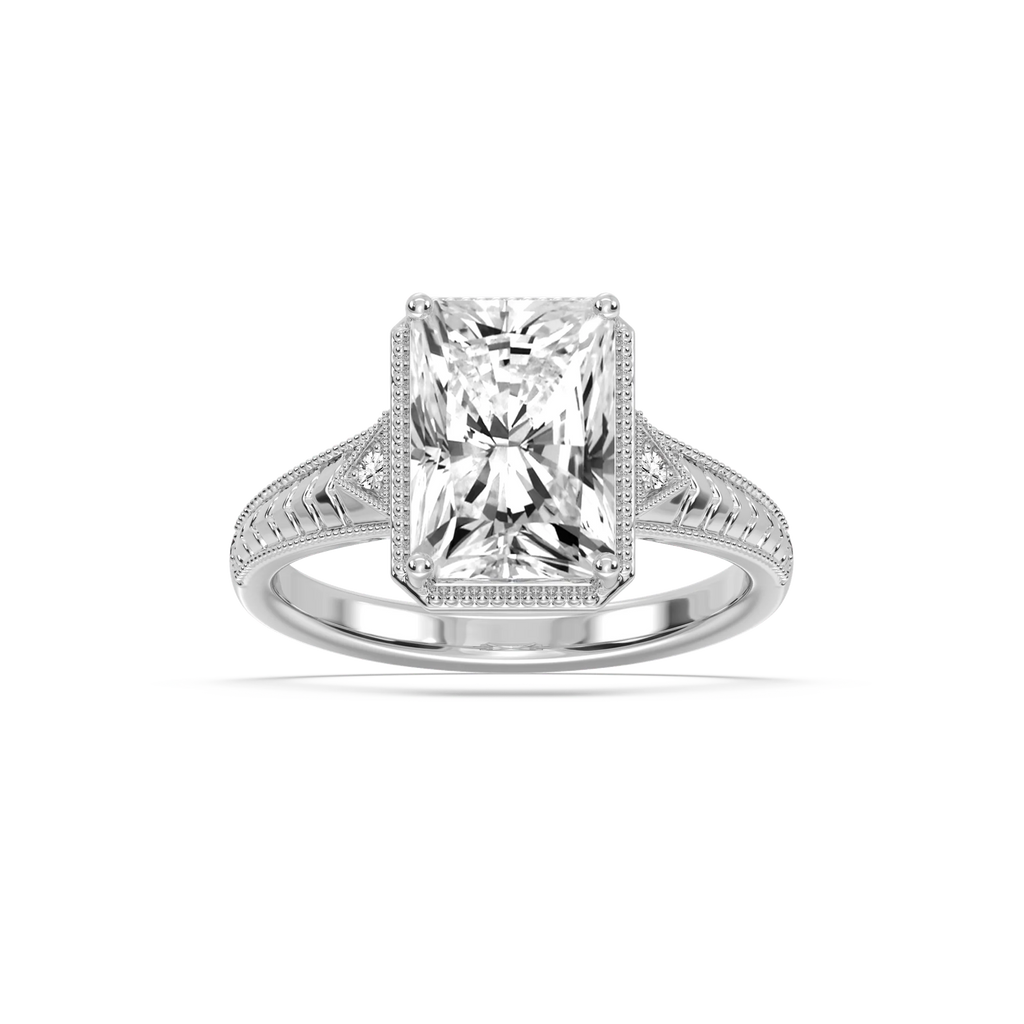 Alexandra Radiant LGD Vintage Bezel and Milgrain Side Stone Engagement Ring - 18K White Gold / 2 ctw
