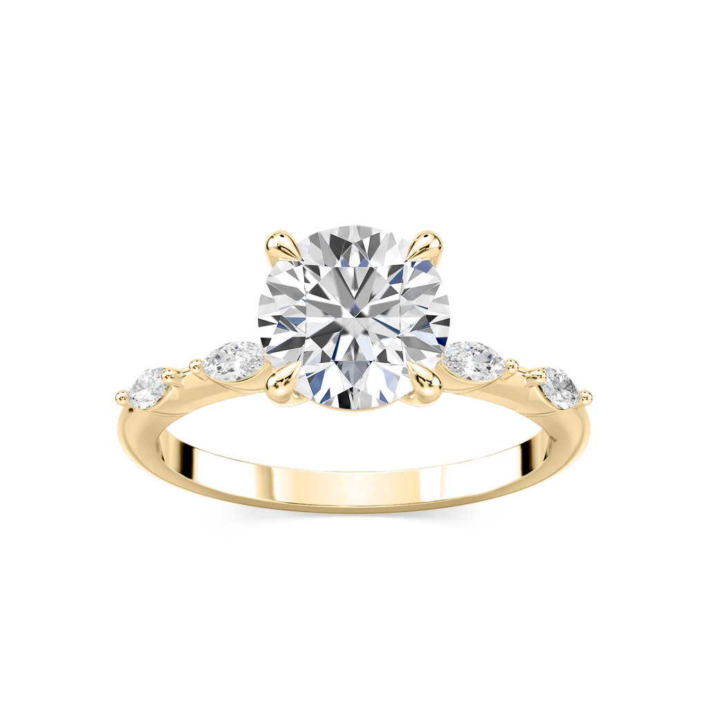 Amelie Round LGD Spaced Marquise Side Stone Engagement Ring - 14K Yellow Gold