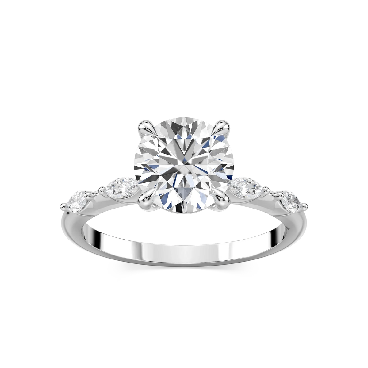 Amelie Round LGD Spaced Marquise Side Stone Engagement Ring - 18K White Gold