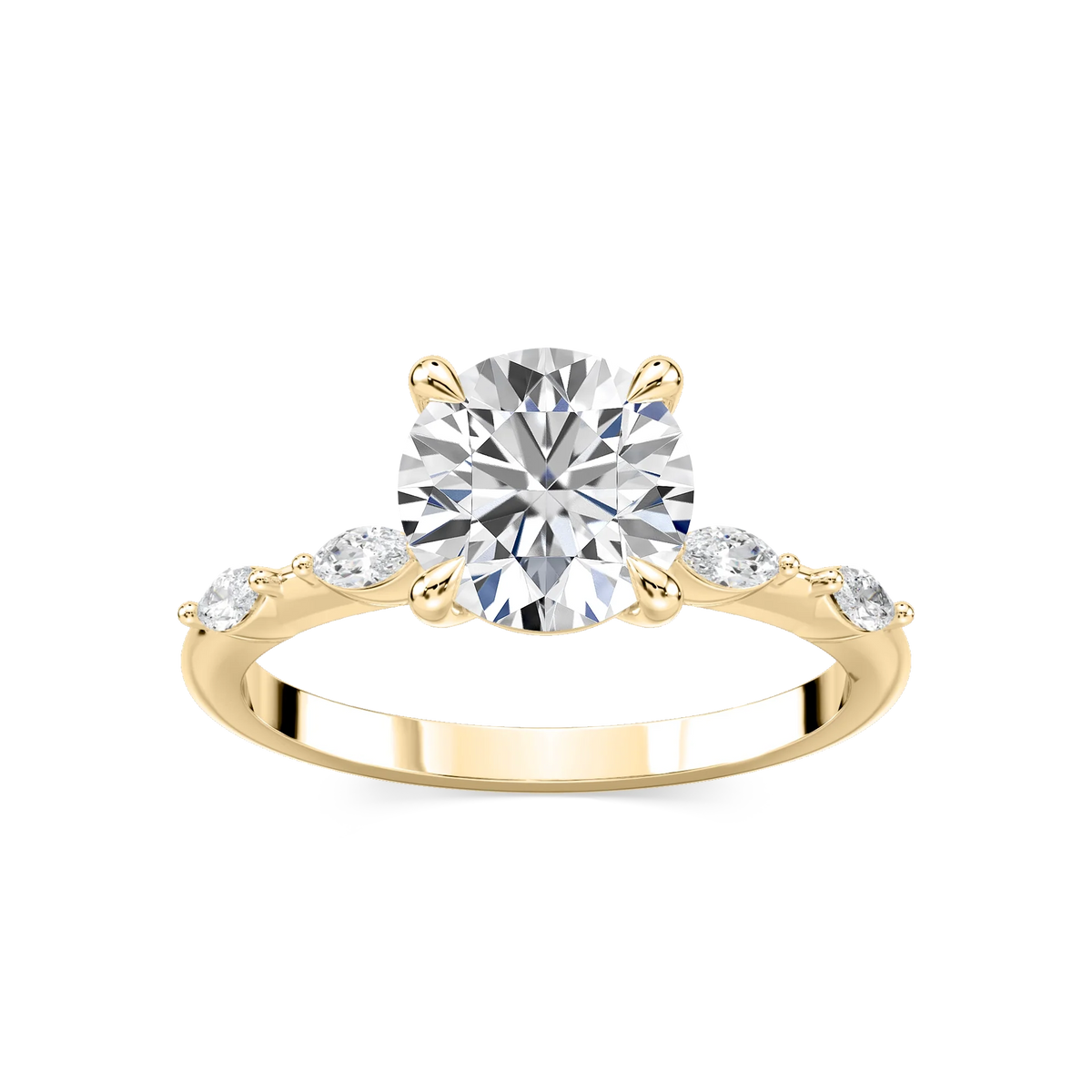 Amelie Round LGD Spaced Marquise Side Stone Engagement Ring - 18K Yellow Gold
