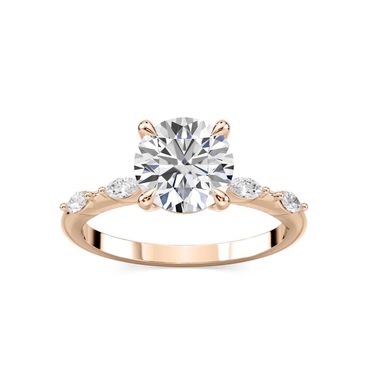 Amelie Round LGD Spaced Marquise Side Stone Engagement Ring - 18K Rose Gold