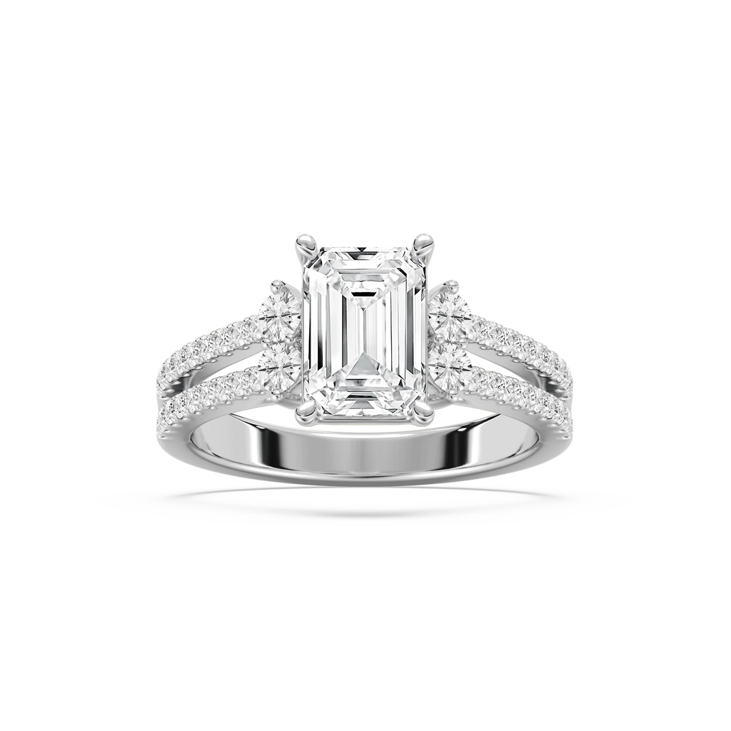 Arden 2 ¹⁄₂ ctw Emerald LGD Double Row Split Shank Side Stone Engagement Ring - 14K White Gold / F-VS2