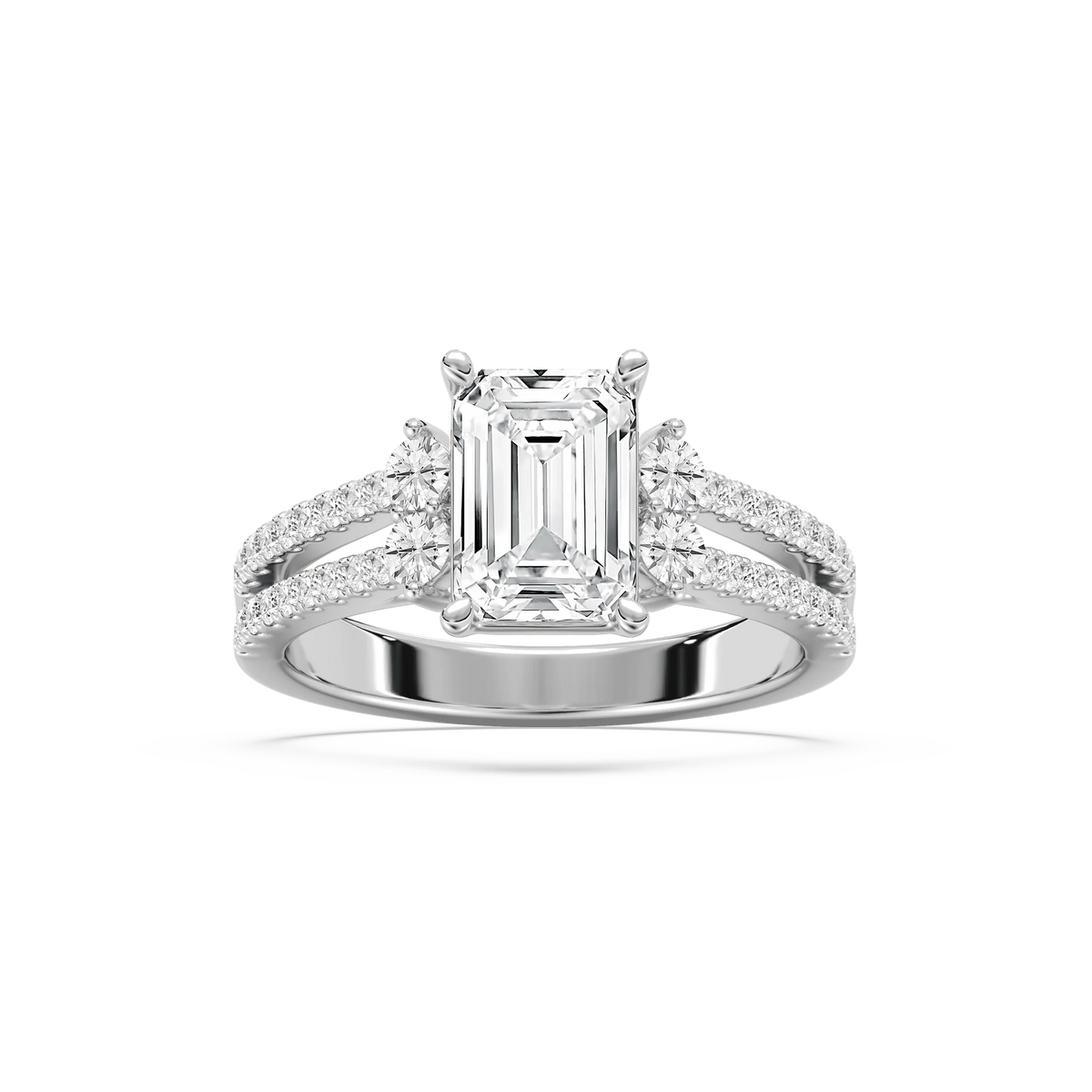 Arden 2 ¹⁄₂ ctw Emerald LGD Double Row Split Shank Side Stone Engagement Ring - 14K White Gold / F-VS2
