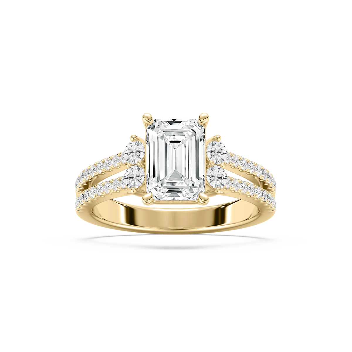 Arden 2 ¹⁄₂ ctw Emerald LGD Double Row Split Shank Side Stone Engagement Ring - 14K Yellow Gold / F-VS2