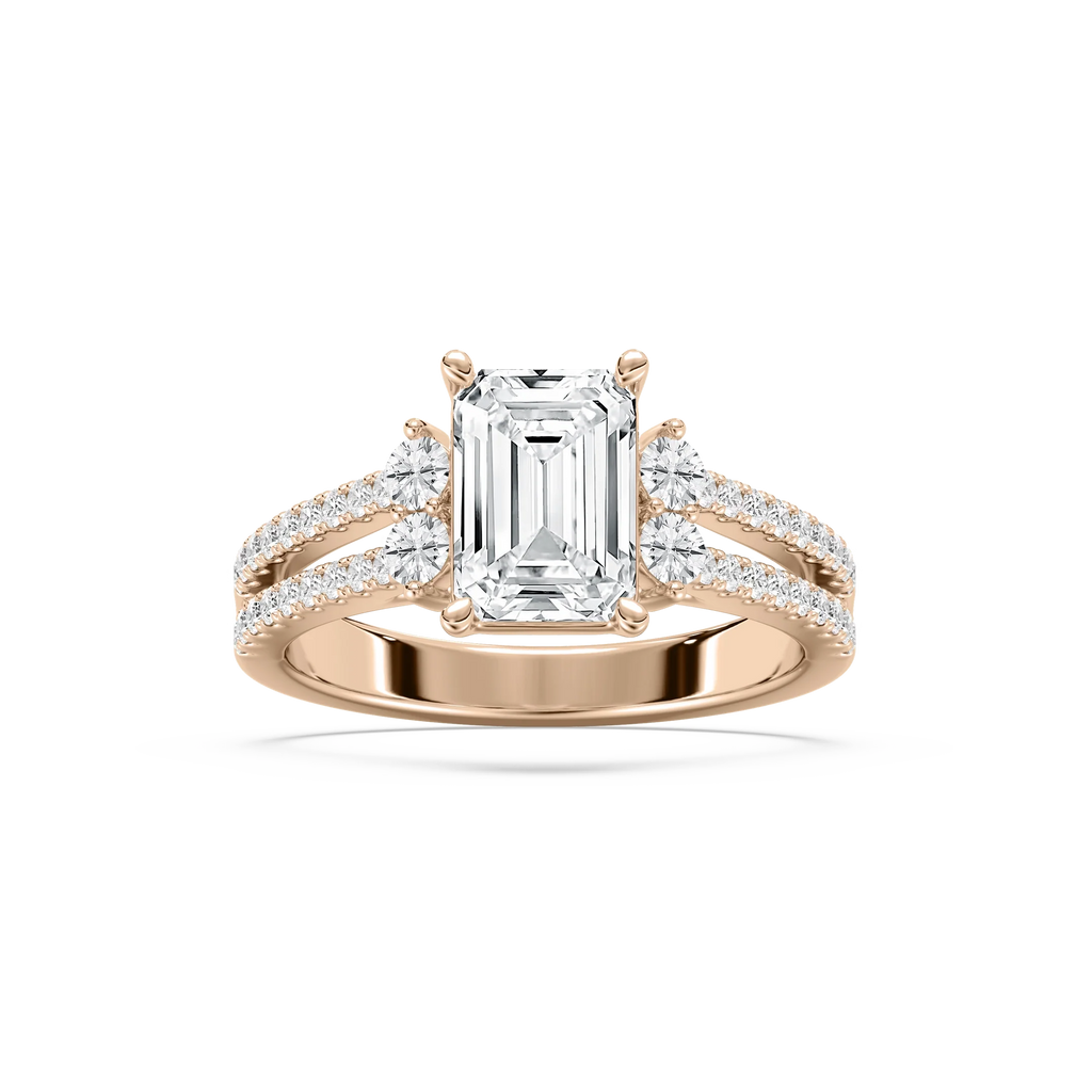 Arden 2 ¹⁄₂ ctw Emerald LGD Double Row Split Shank Side Stone Engagement Ring - 14K Rose Gold / F-VS2
