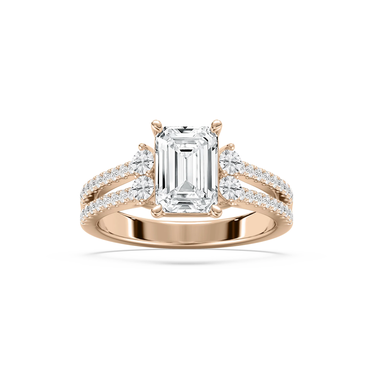 Arden 2 ¹⁄₂ ctw Emerald LGD Double Row Split Shank Side Stone Engagement Ring - 14K Rose Gold / F-VS2